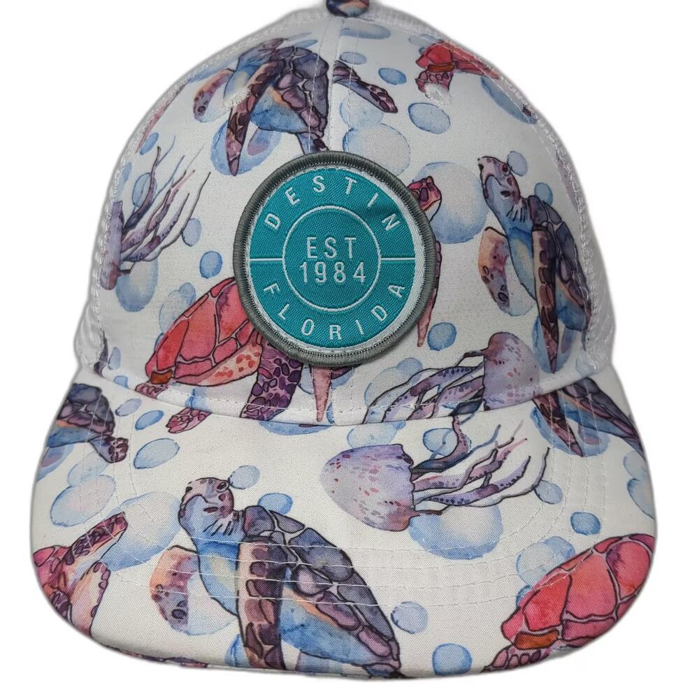Lucky 7 Trucker Hat White Blue OS Destin Florida Sea Turtle Jellyfish Mesh Print